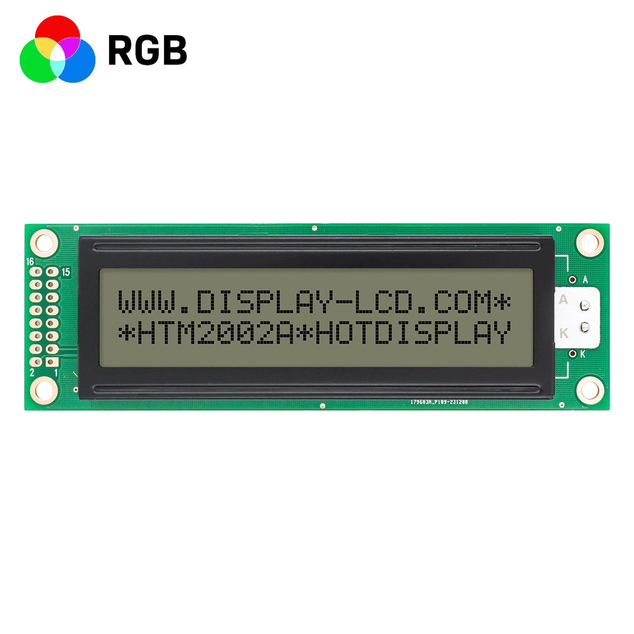 2X20字符液晶屏| FSTN灰RGB显示屏，红绿蓝背光| 5.0V | 全透反射式显示屏 | ST7066U控制器| Adruino