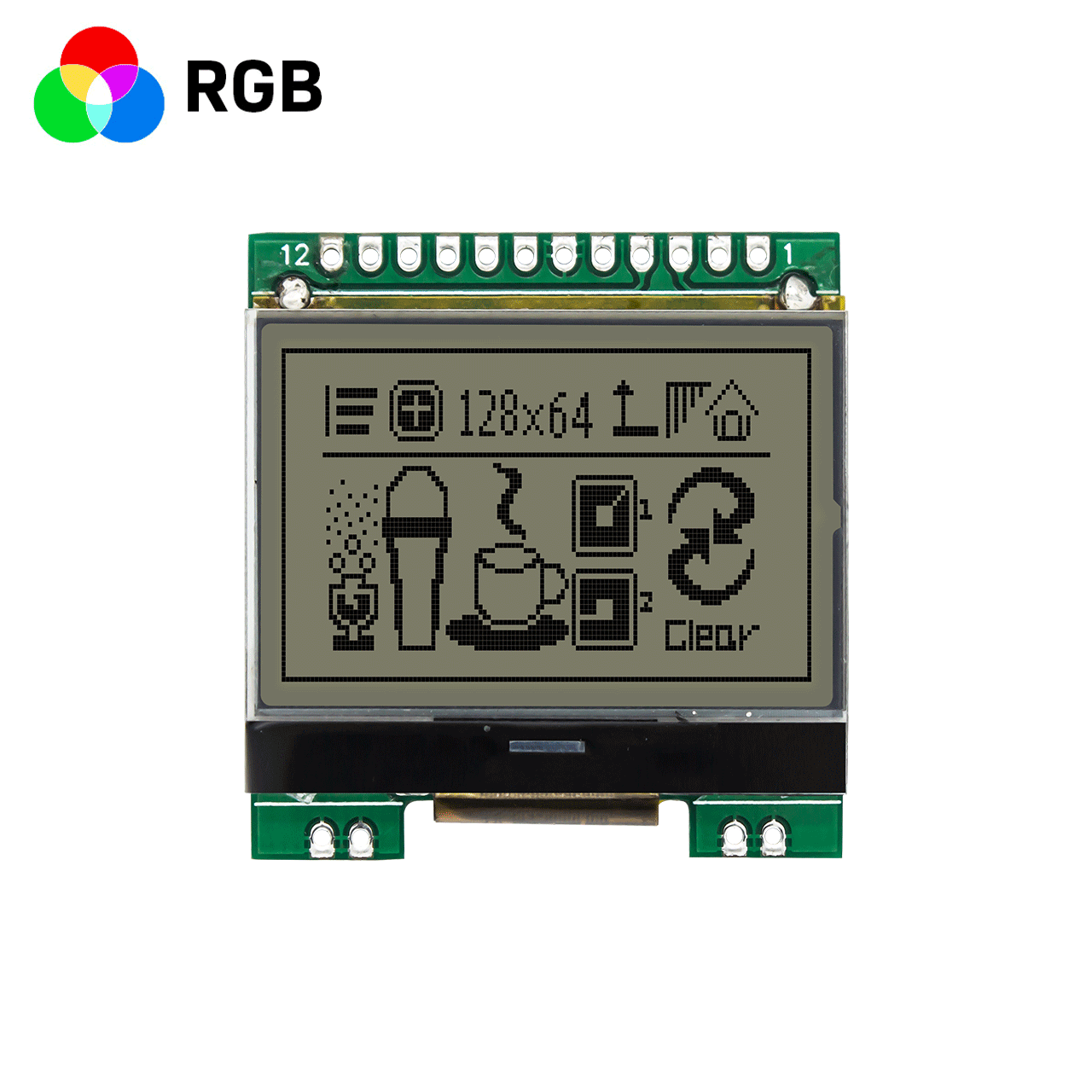1.7英寸图形点阵模块/128x64分辨率/RGB红绿蓝背光/ST7567控制芯片/SPI