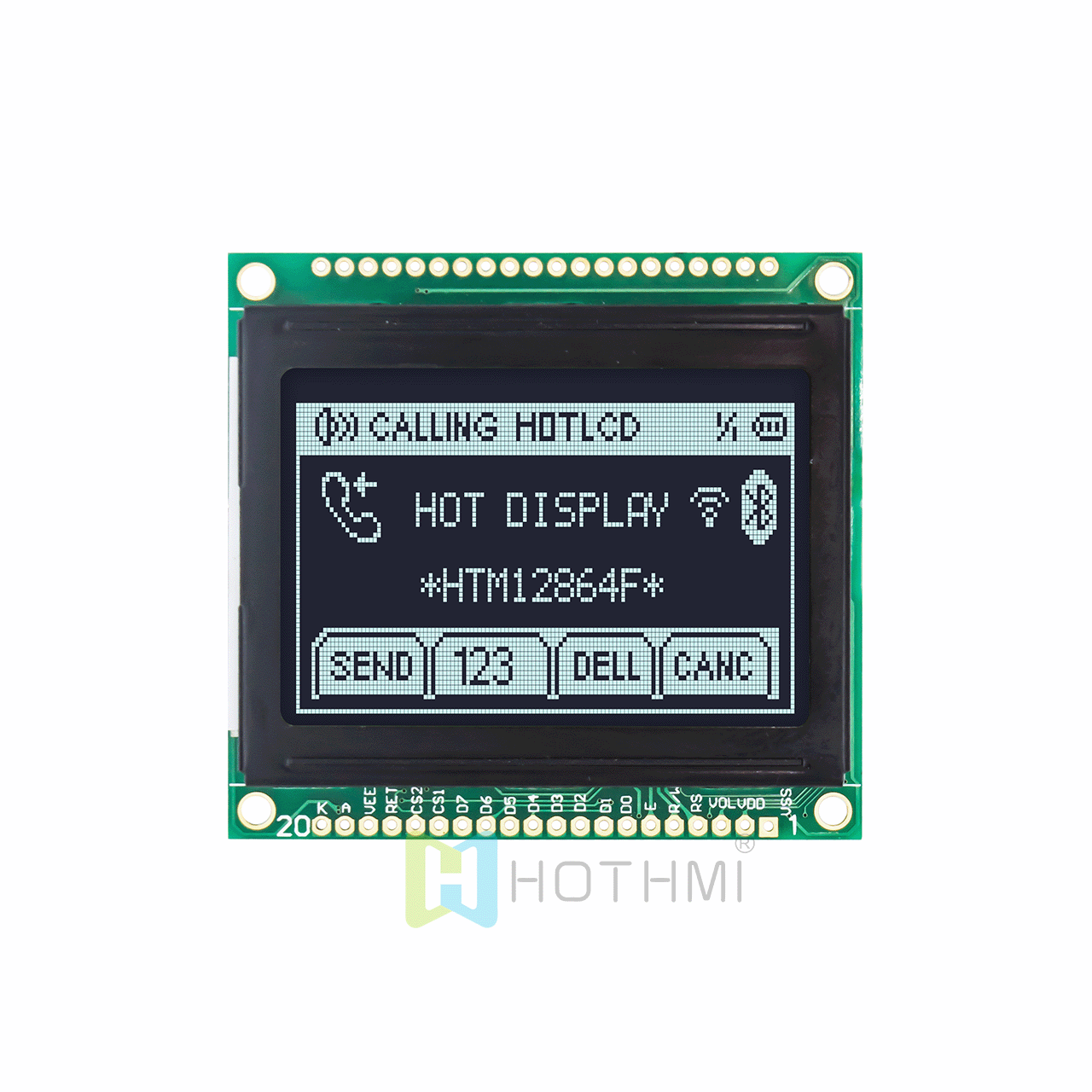2.0-inch graphic dot matrix module/128x64 resolution/white text on black background/KS108 or AIP31108 control chip/SPI