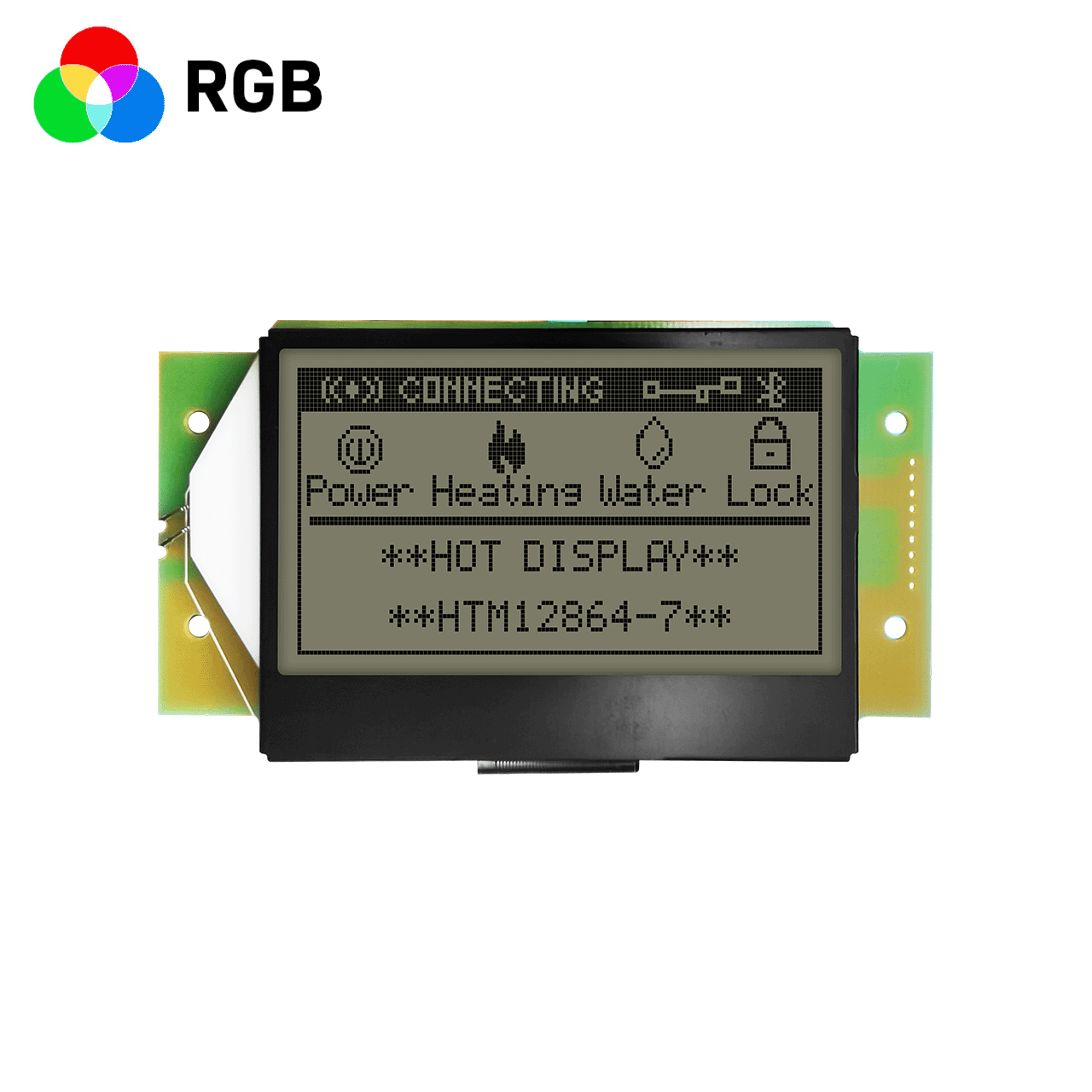 3.0-inch RGB red, green and blue graphic LCD module | 128x64 graphic display LCD module | FSTN+ yellow-green backlight | 5.0V | ST7565R controller | Fully transparent polarizer
