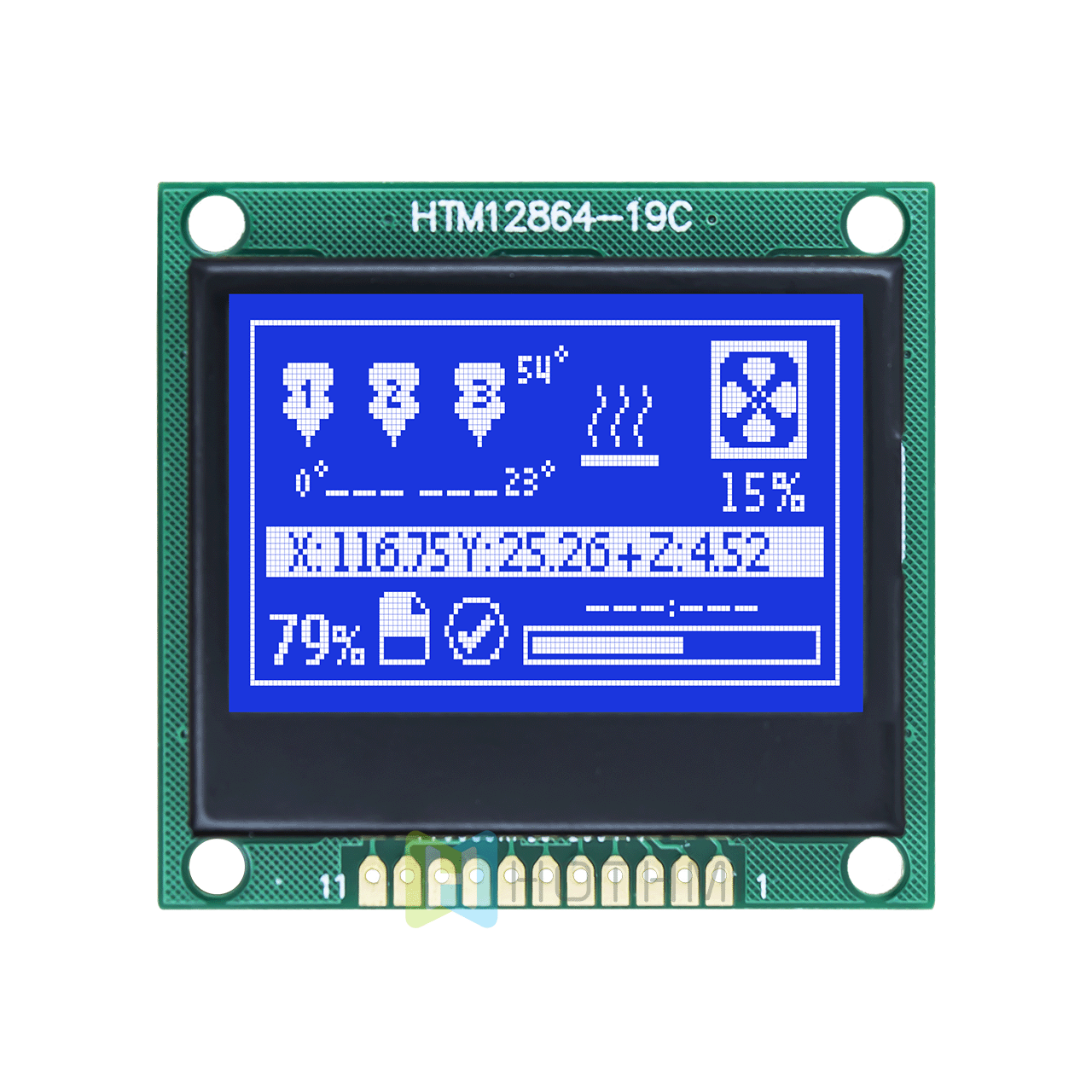 1.7-inch 128 x 64 LCD graphic display | SPI interface | STN negative display blue background with white characters | ST7565R controller