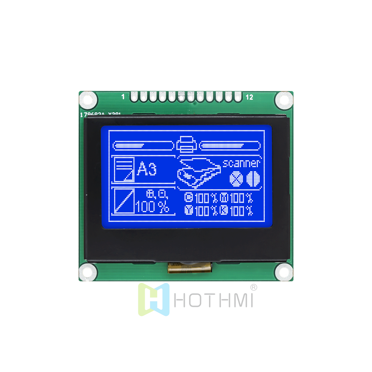 2-inch 128 x 64 LCD Graphic Liquid Crystal Display Module | 12864 Graphic Dot Matrix Module | STN Negative Display | White Text on Blue Background