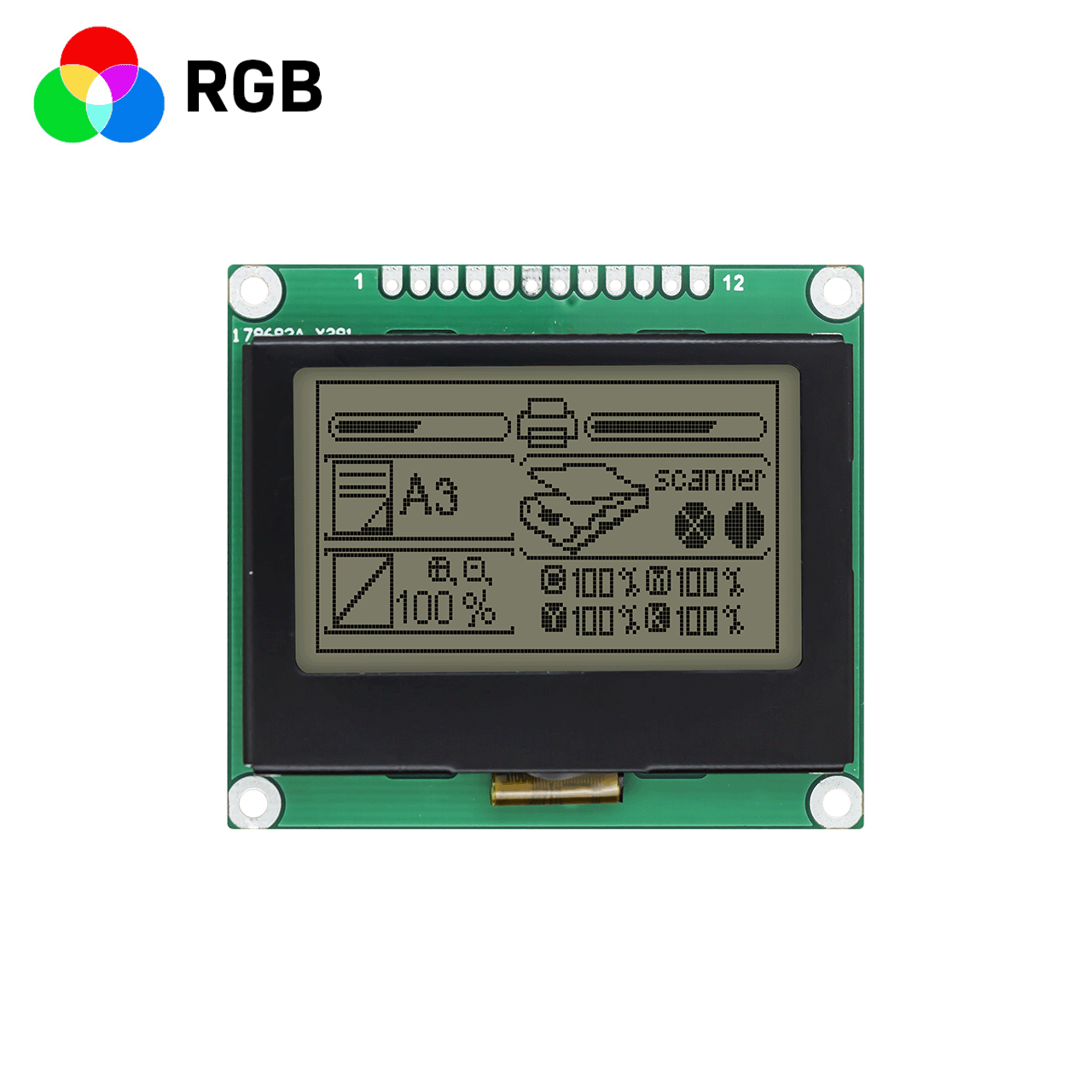 2.0 英寸 128x64  3.3v  LCD 图形液晶显示模块 | 128 X 64 图形点阵模块 | FSTN 正片显示 |  SPI 接口 | 全透偏光片 | RGB 红绿蓝背光