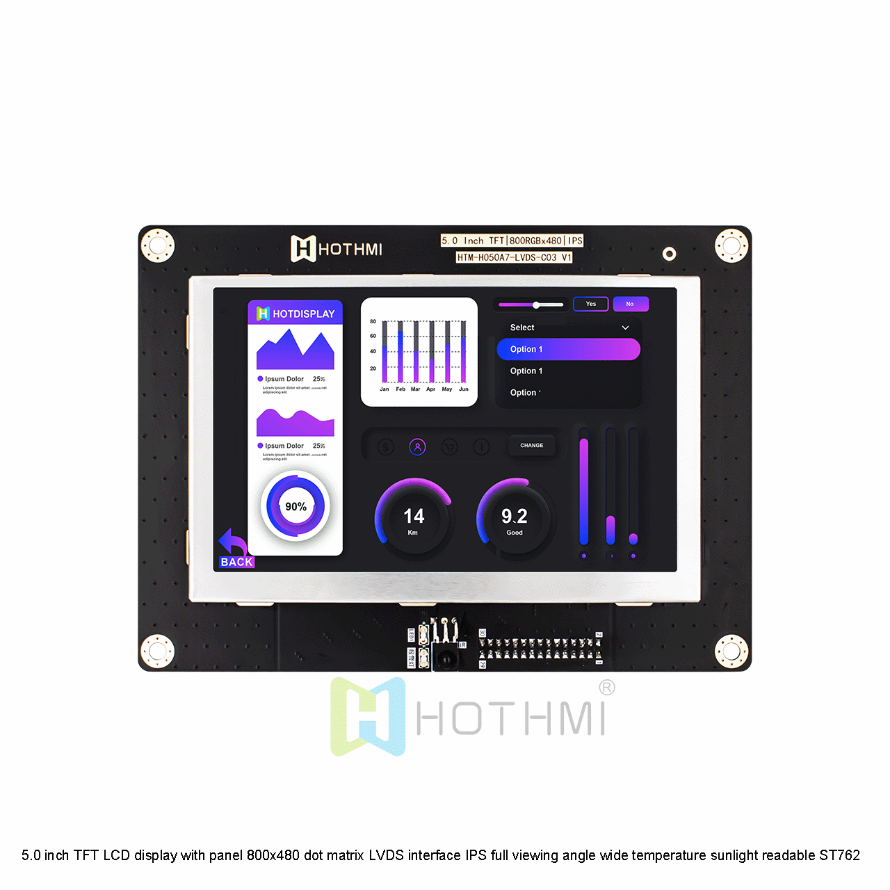 5.0 inch TFT LCD display with panel 800x480 dot matrix LVDS interface IPS full viewing angle wide temperature sunlight readable ST762 compatible with Android optional touch screen
