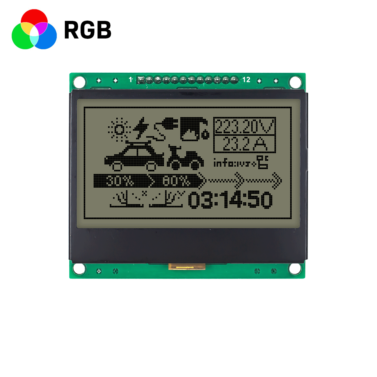 128x64 图形 LCD 显示模块 | 3 英寸图形液晶显示模组  | 128x64 图形 LCD 模块 | 3.3V | FSTN +RGB红绿蓝背光 | Adruino