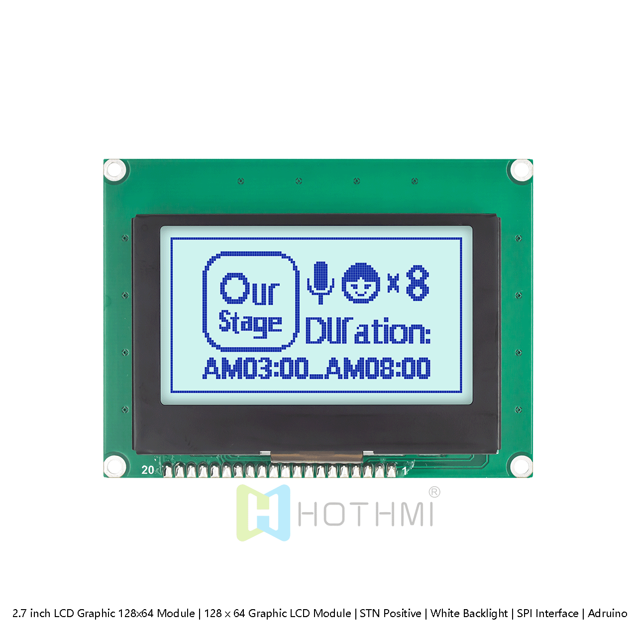 2.7 inch LCD Graphic 128x64 Module | 128 x 64 Graphic LCD Module | STN Positive | White Backlight | SPI Interface | Adruino | Gray Background Blue Characters