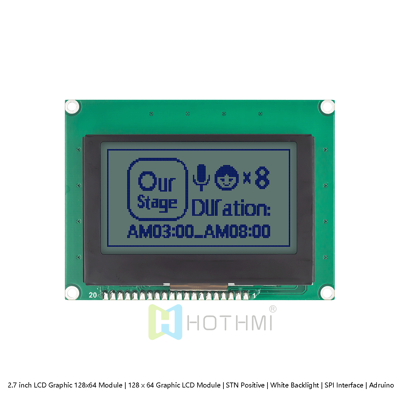 2.7 inch LCD Graphic 128x64 Module | 128 x 64 Graphic LCD Module | STN Positive | White Backlight | SPI Interface | Adruino | Gray Background Blue Characters