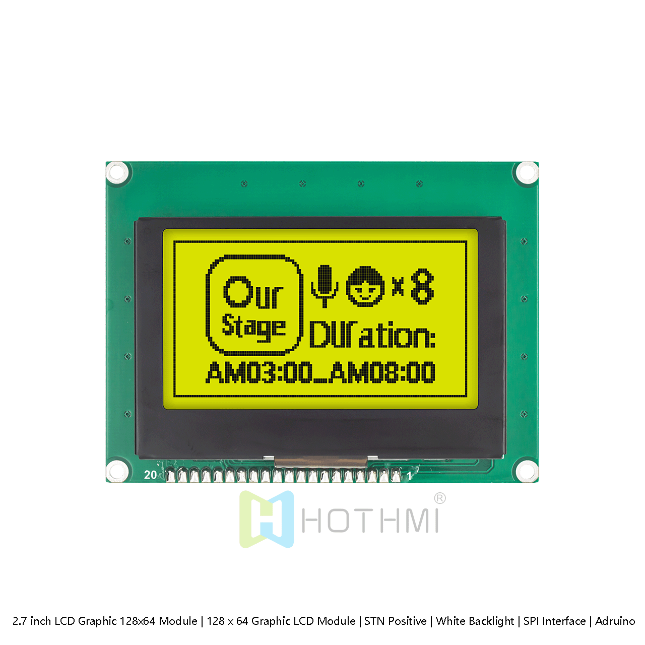 2.7 英寸 图形LCD 128x64 模组 | 128 x 64 图形 LCD  | STN 正极 | 黄绿色背光 | SPI 接口 