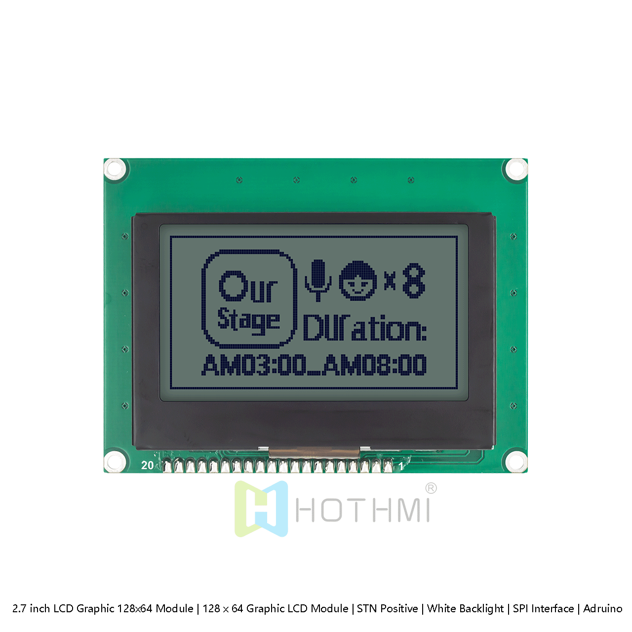 2.7 英寸 图形LCD 128x64 模组 | 128 x 64 图形 LCD  | STN 正极 | 黄绿色背光 | SPI 接口 