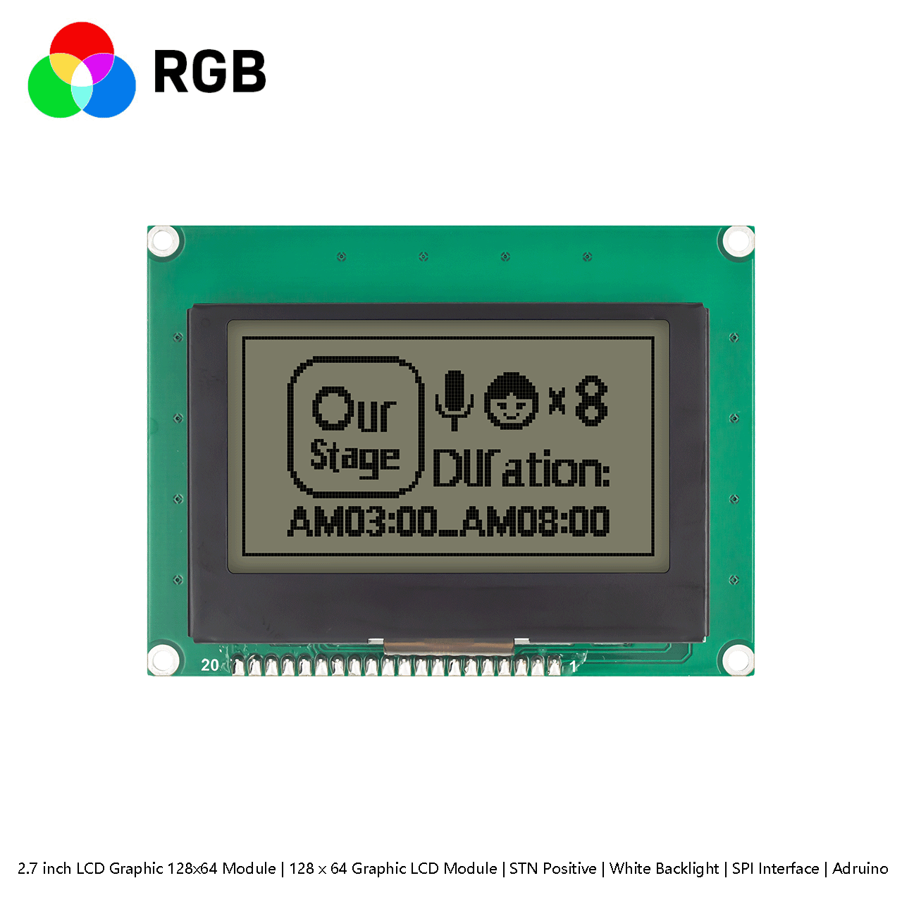 2.7 英寸 图形LCD 128x64 模组 | RGB 红绿蓝  | FSTN 正极 |  SPI 接口 |全透偏光片