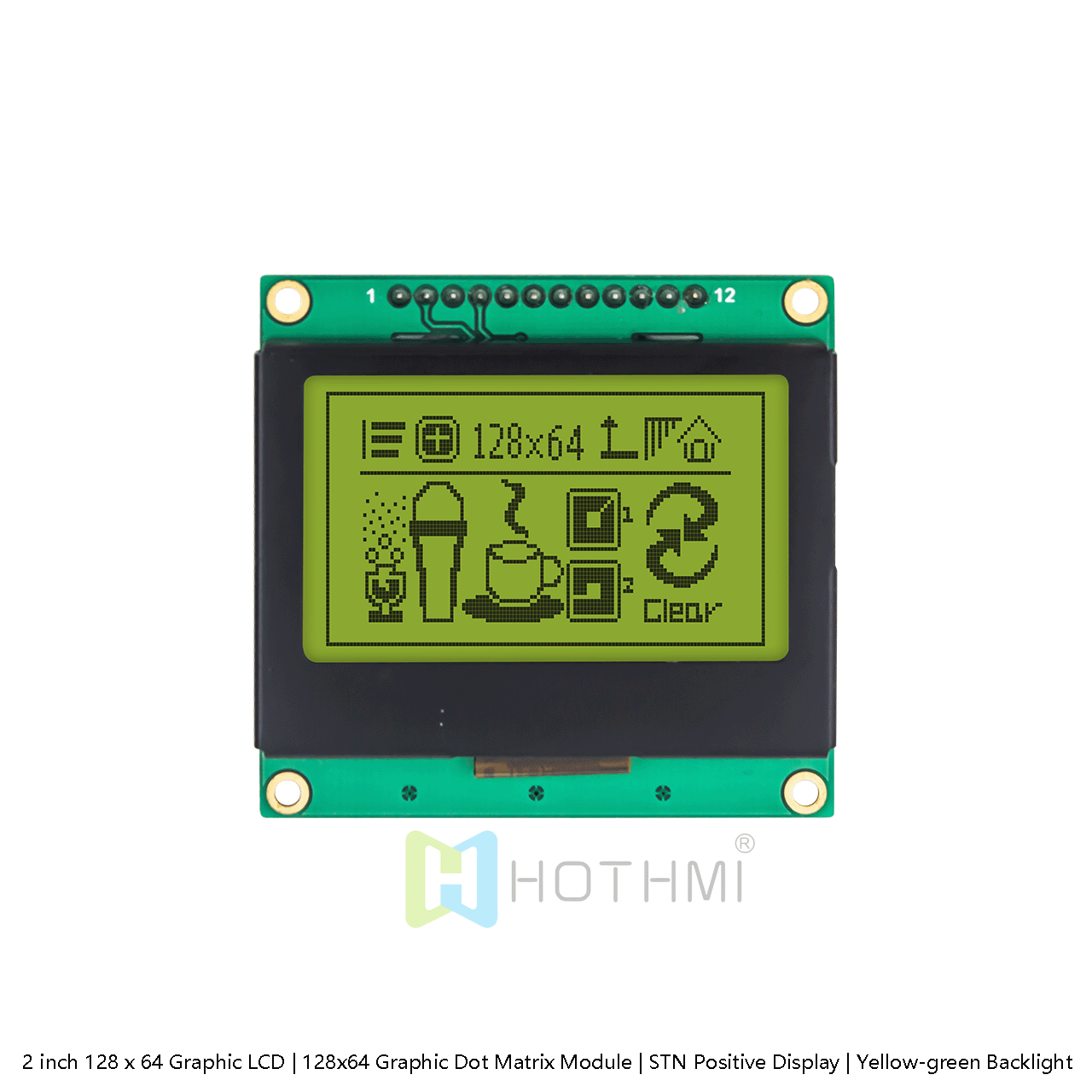 2 inch 128 x 64 Graphic LCD | 128x64 Graphic Dot Matrix Module | STN Positive Display | Yellow-green Backlight