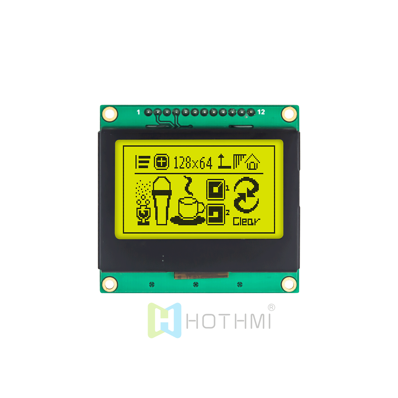 2" 128x64 Yellow-Green Graphic LCD | 128 x 64 Graphic LCD | STN Positive | SPI Interface | 5.0V