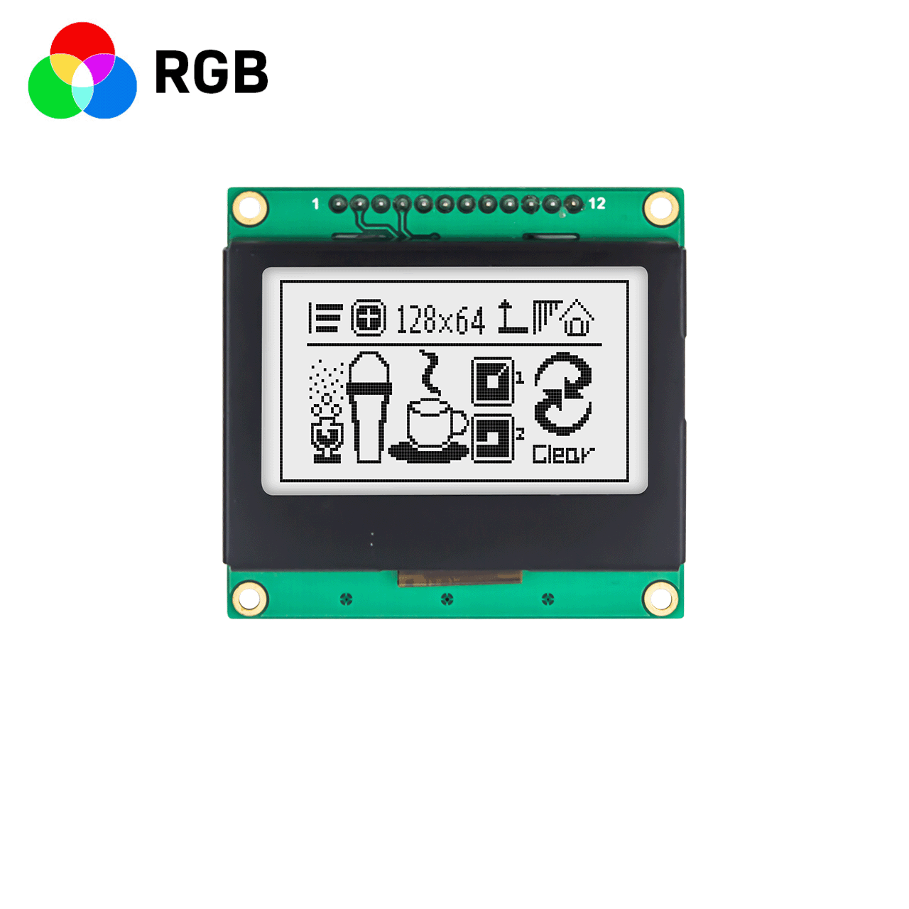 2 英寸 128x64 图形 LCD | 128 x 64 图形 LCD | FSTN 正极 | SPI 接口 | RGB红绿蓝背光