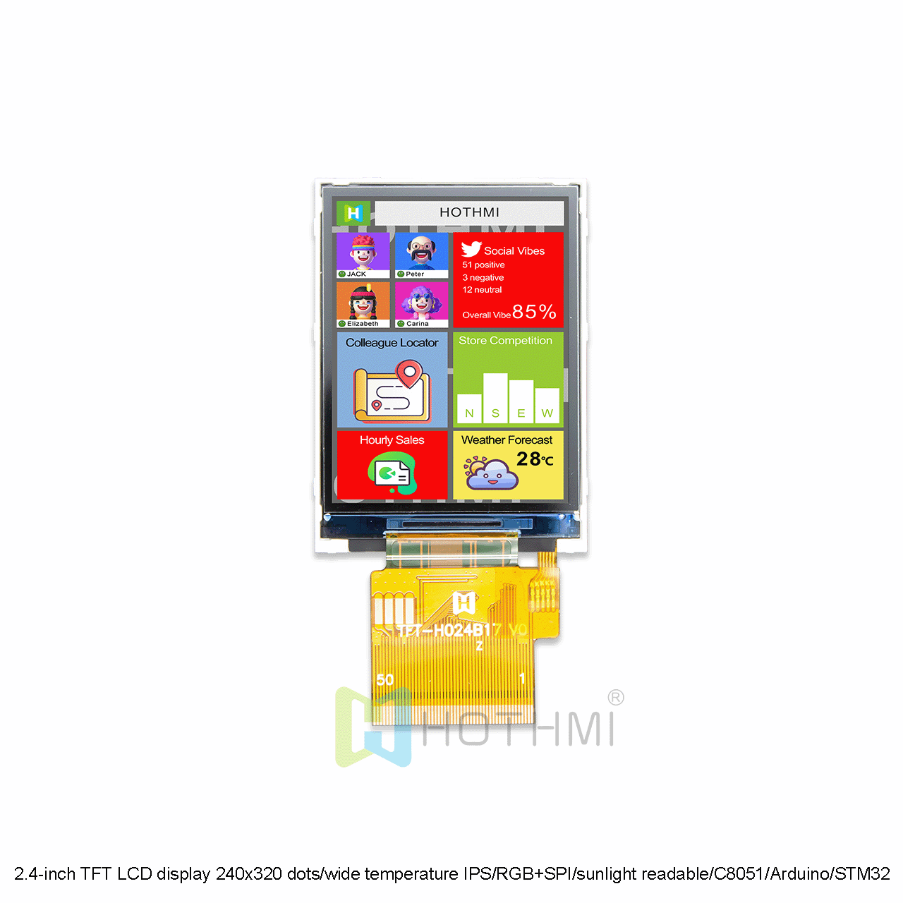 2.4-inch TFT LCD display 240x320 dots/wide temperature IPS full angle/RGB+SPI/sunlight readable/compatible with C8051/Arduino/STM32