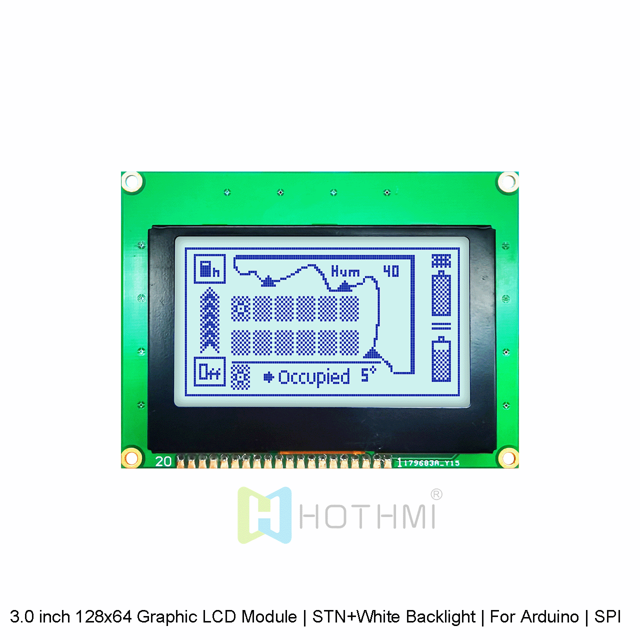 3.0 英寸 128x64 图形 LCD 模组 | STN+白色背光| 适用于 Arduino | SPI 接口 | 灰底蓝字图形LCD