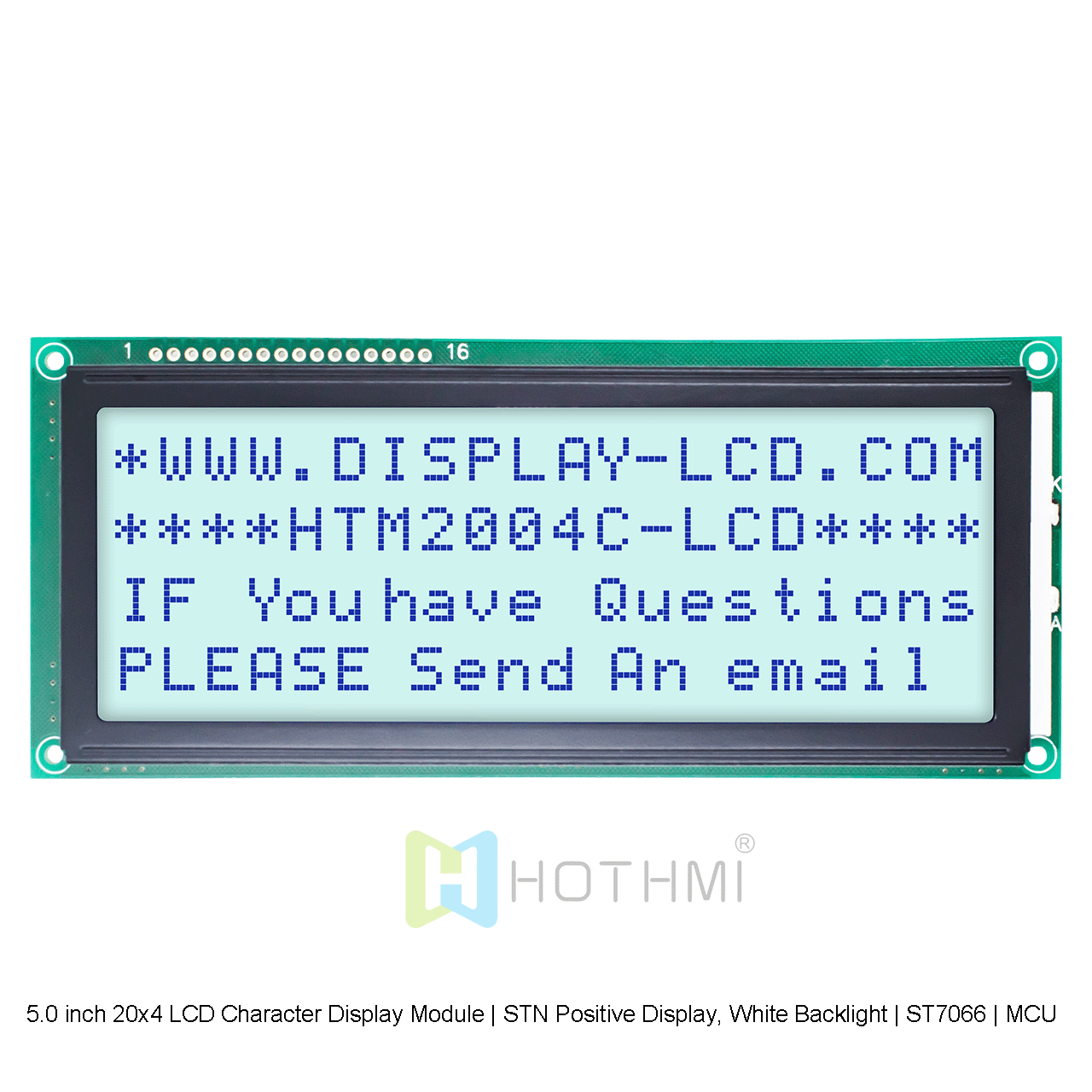 5.0 英寸 20x4 LCD 字符显示模块 | STN 正片显示，白色背光 | ST7066 | MCU 接口 | 灰底蓝字 | 适用于Adruino