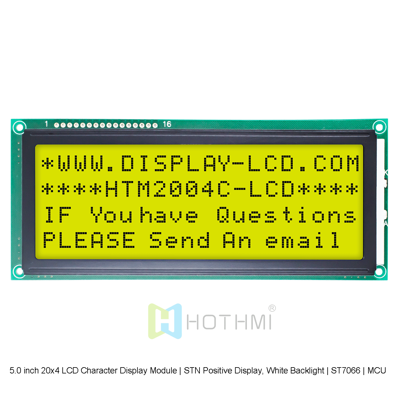 5.0 英寸 20x4 LCD 字符液晶显示模块 | STN 正片显示，黄绿色背光 | ST7066 | MCU 接口  | 适用于Adruino