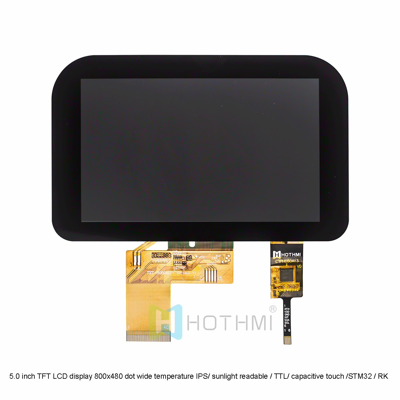 5.0 inch TFT LCD display 800x480 dot matrix wide temperature IPS full viewing angle / sunlight readable / TTL interface / capacitive touch / compatible with STM32 / RK