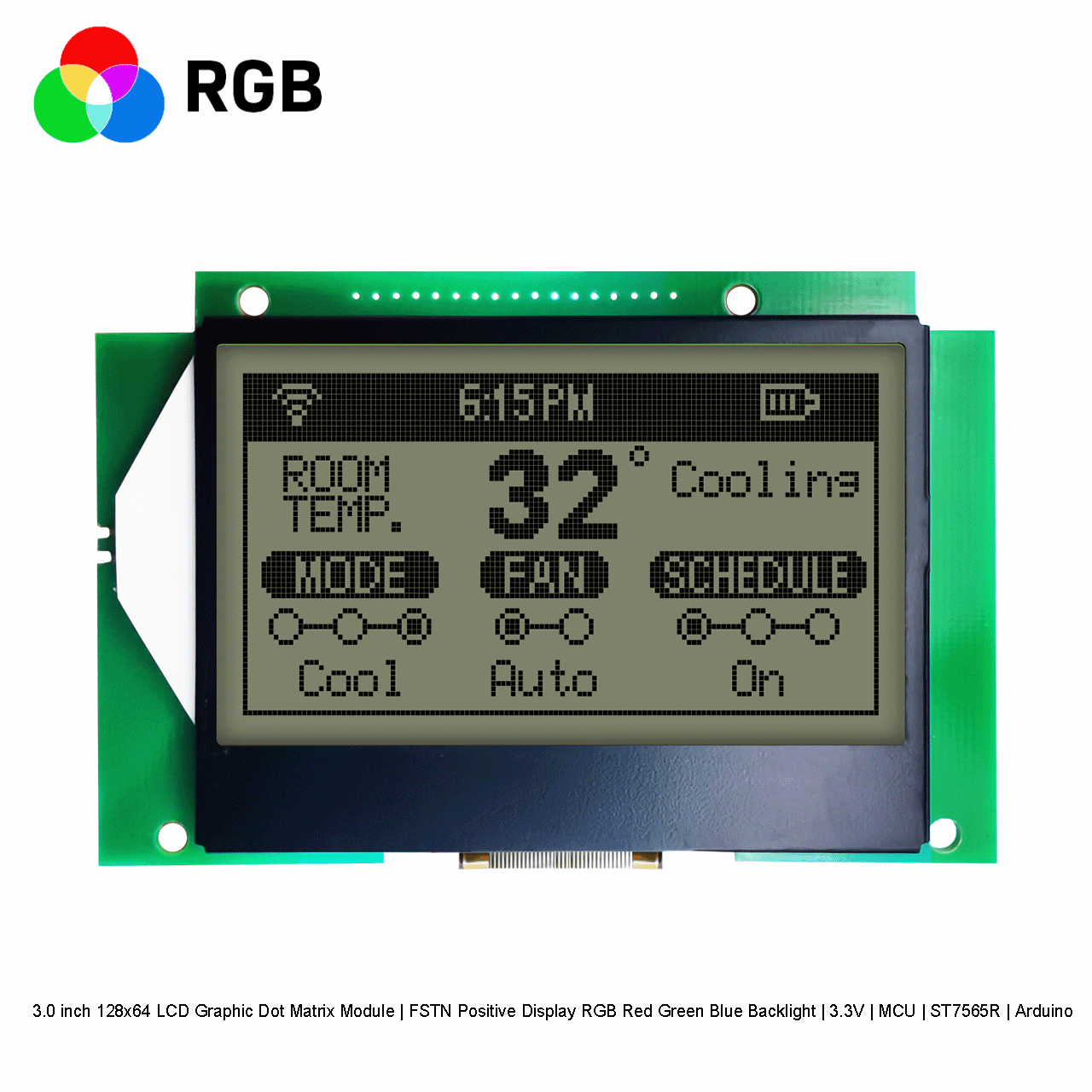 3.0 inch 128x64 LCD Graphic Dot Matrix Module | FSTN Positive Display RGB Red Green Blue Backlight | 3.3V | MCU | ST7565R | Arduino