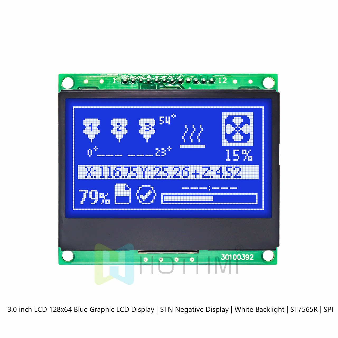 3.0 英寸LCD 128x64 蓝色图形液晶LCD 显示屏 | STN 负片显示 | 白色背光 | ST7565R | SPI arduino