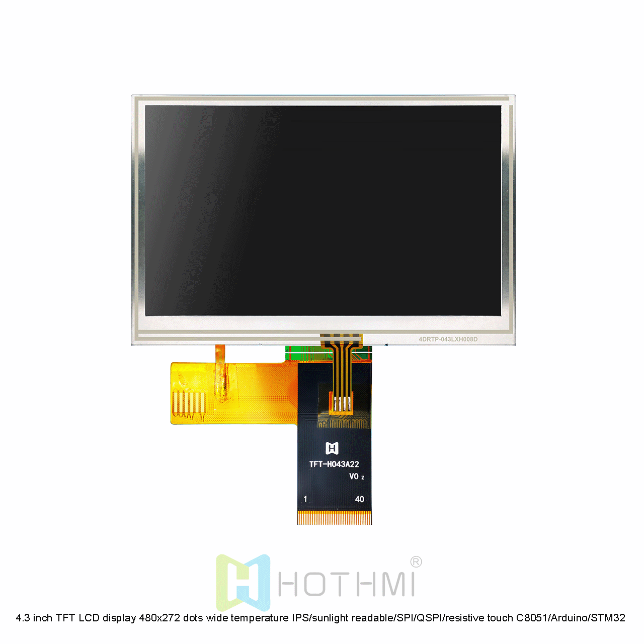4.3 inch TFT LCD display 480x272 dots wide temperature IPS full viewing angle/sunlight readable/SPI/QSPI interface/resistive touch C8051/Arduino/STM32