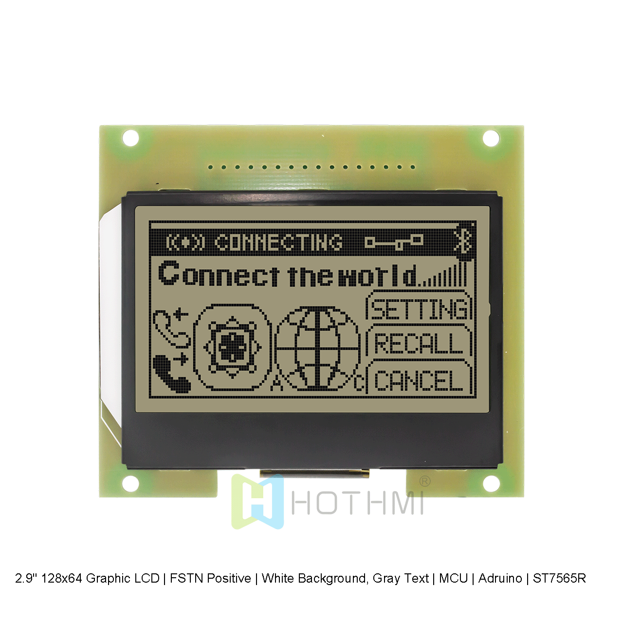 2.9 英寸 128x64 图形 LCD | FSTN 正片 | 白色背景，灰色文本 | MCU | Arduino | ST7565R