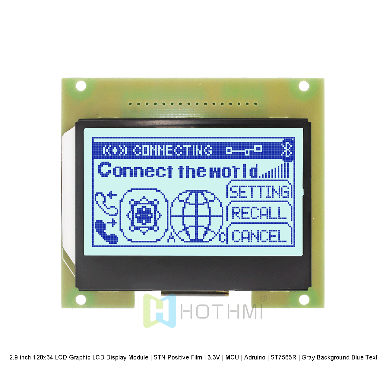 2.9 英寸 128x64 LCD图形液晶显示模块 | STN 正片 | 3.3V | MCU | Arduino | ST7565R |灰底蓝字