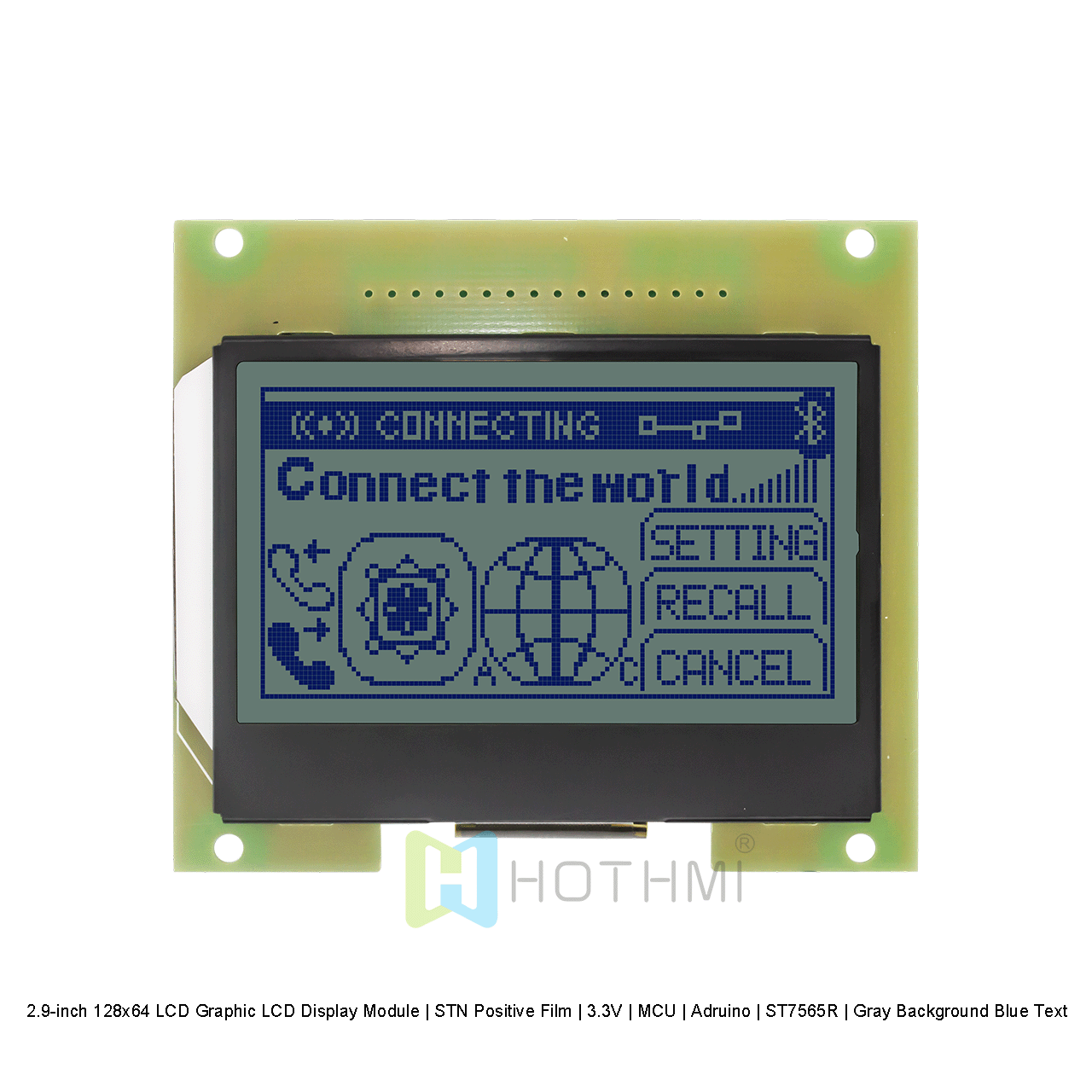 2.9 英寸 128x64 LCD图形液晶显示模块 | STN 正片 | 3.3V | MCU | Adruino | ST7565R |灰底蓝字