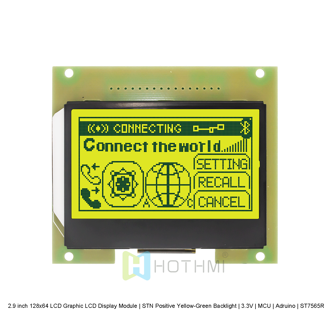 2.9 英寸 128x64 LCD图形液晶显示模块 | STN 正片黄绿背光 | 3.3V | MCU | Arduino| ST7565R 