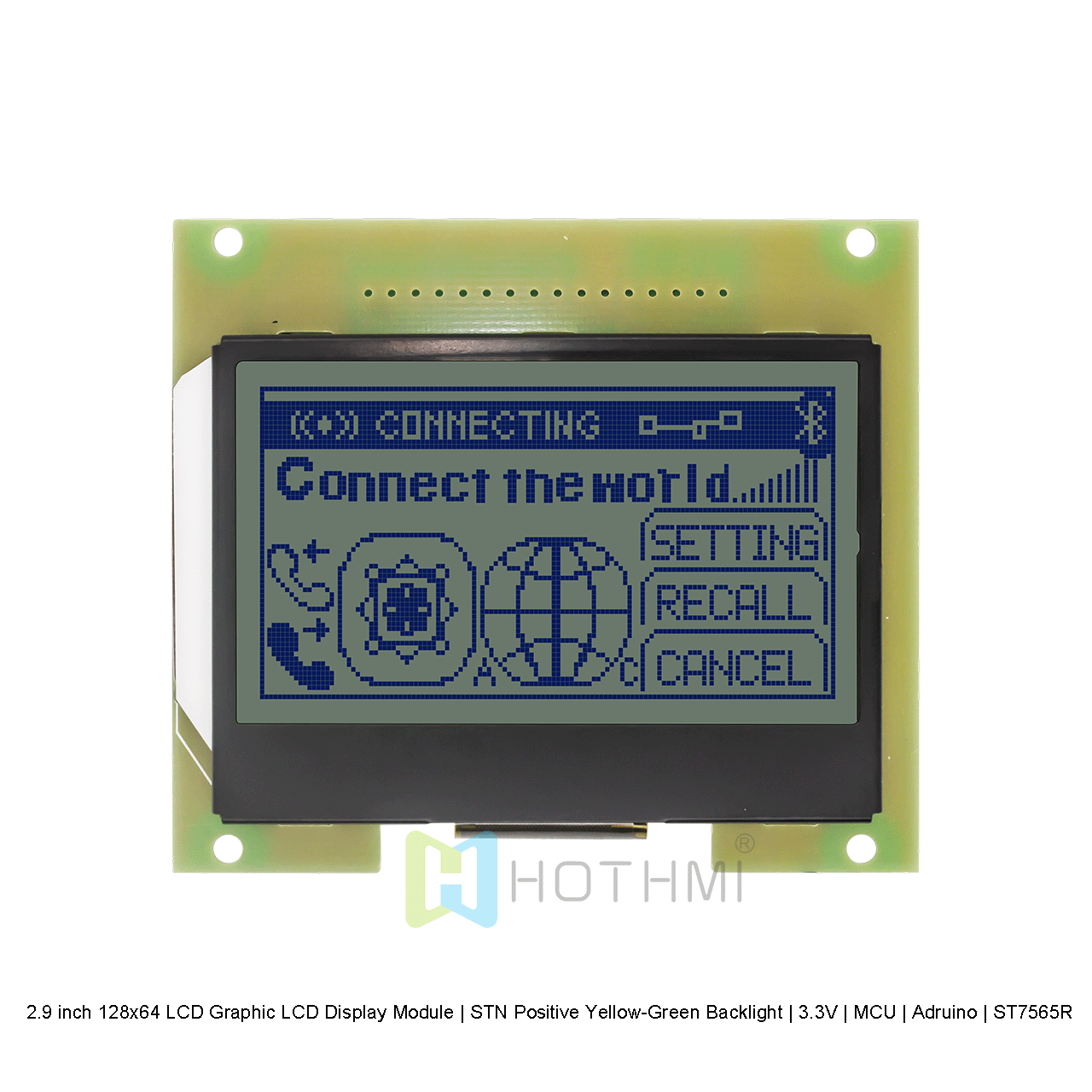 2.9 英寸 128x64 LCD图形液晶显示模块 | STN 正片黄绿背光 | 3.3V | MCU | Adruino | ST7565R 