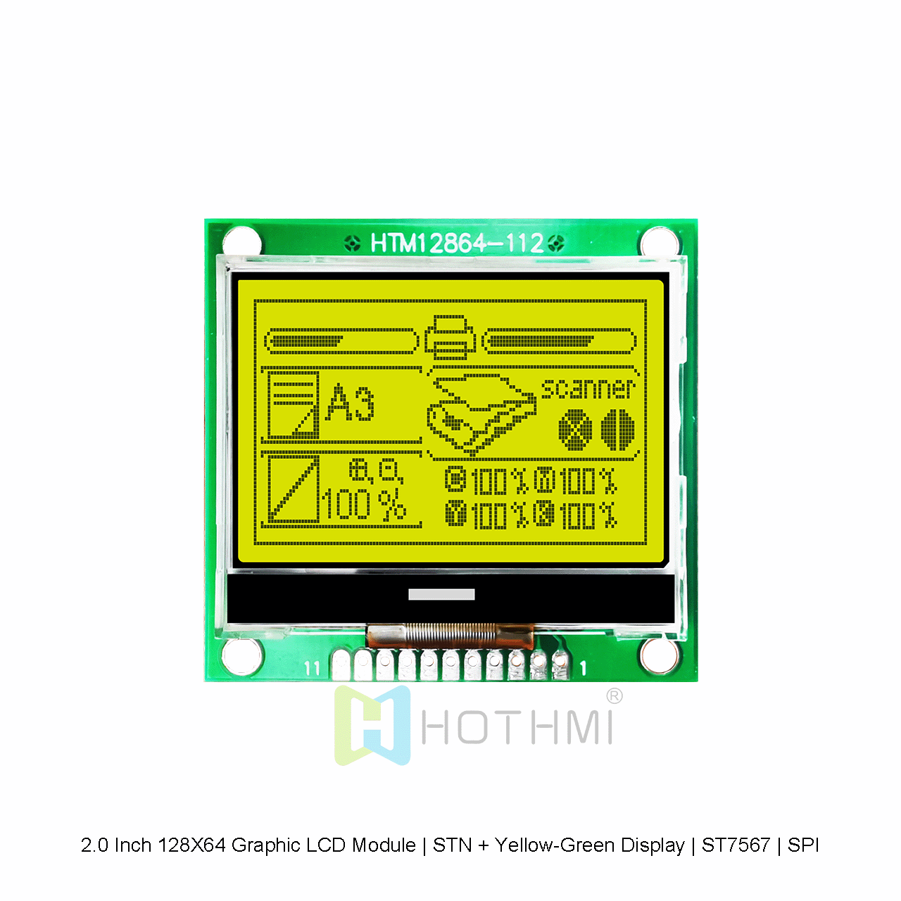 2.0 Inch 128X64 Graphic LCD Module | STN + Yellow-Green Display | ST7567 | SPI