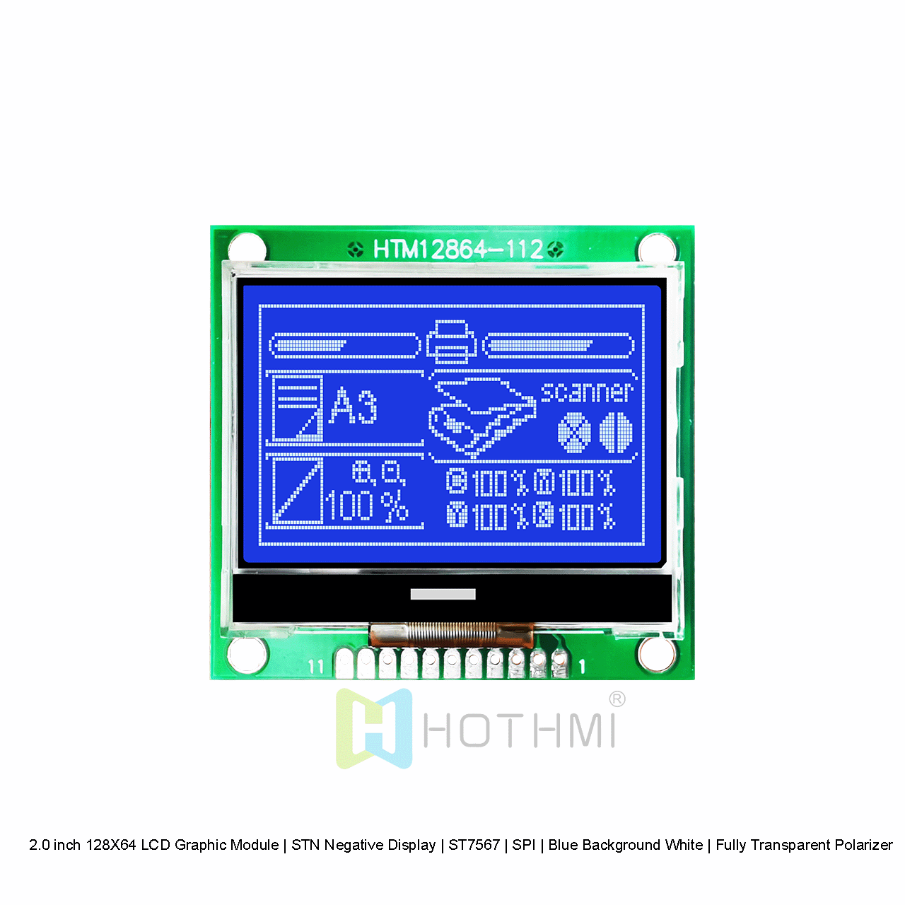 2.0 inch 128X64 LCD Graphic Module | STN Negative Display | ST7567 | SPI | Blue Background White | Fully Transparent Polarizer arduino