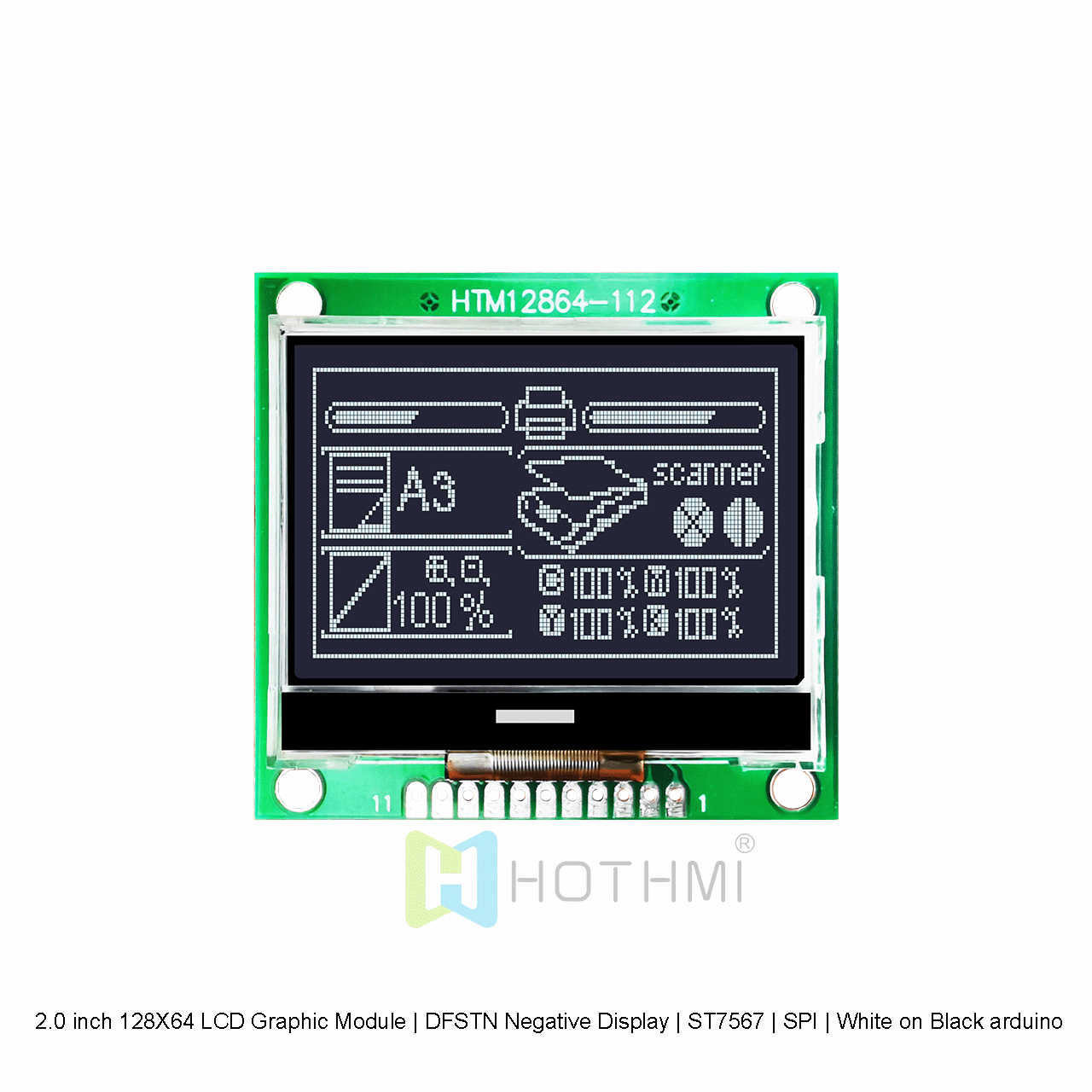 2.0 inch 128X64 LCD Graphic Module | DFSTN Negative Display | ST7567 | SPI | White on Black arduino