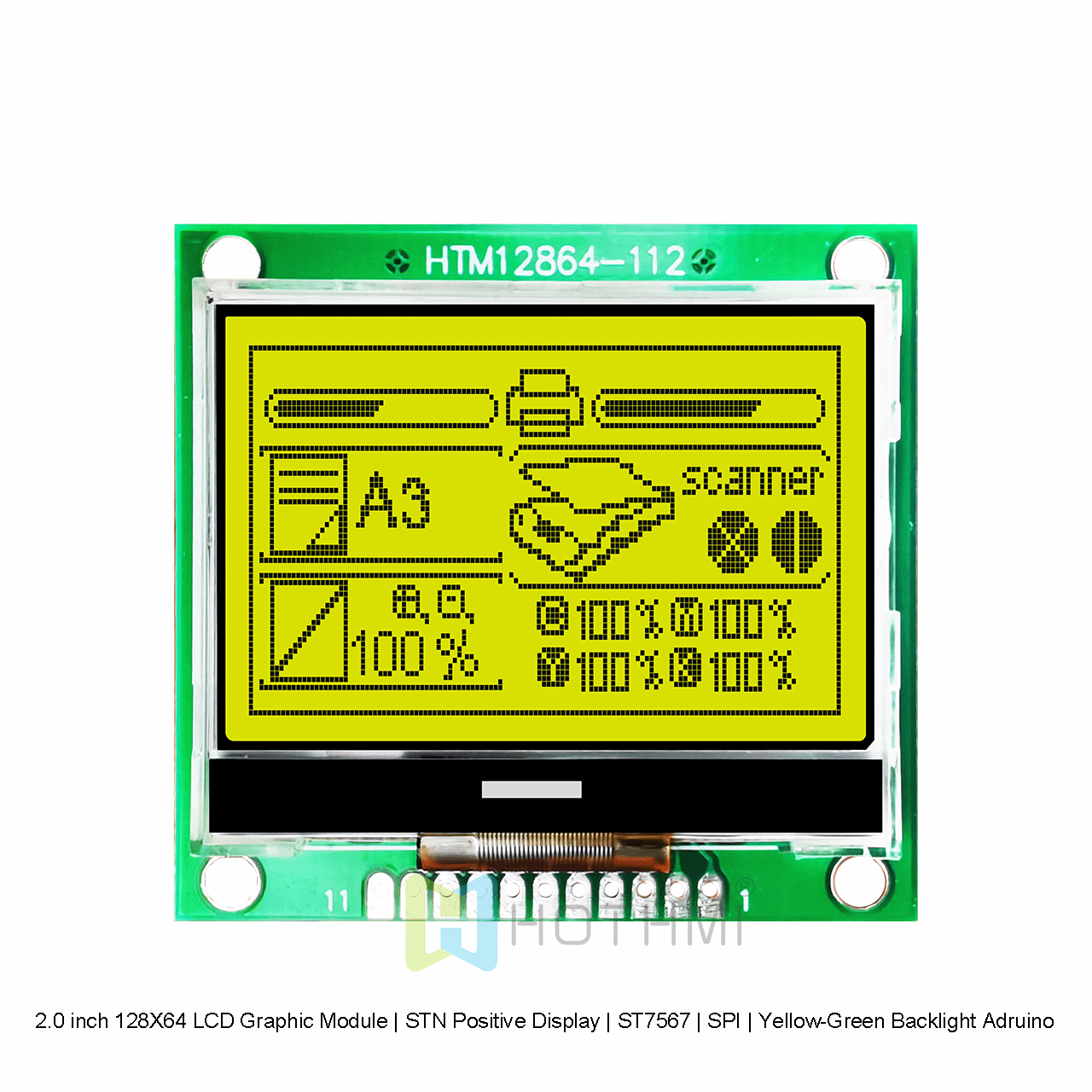 2.0 inch 128X64 LCD Graphic Module | STN Positive Display | ST7567 | SPI | Yellow-Green Backlight Adruino