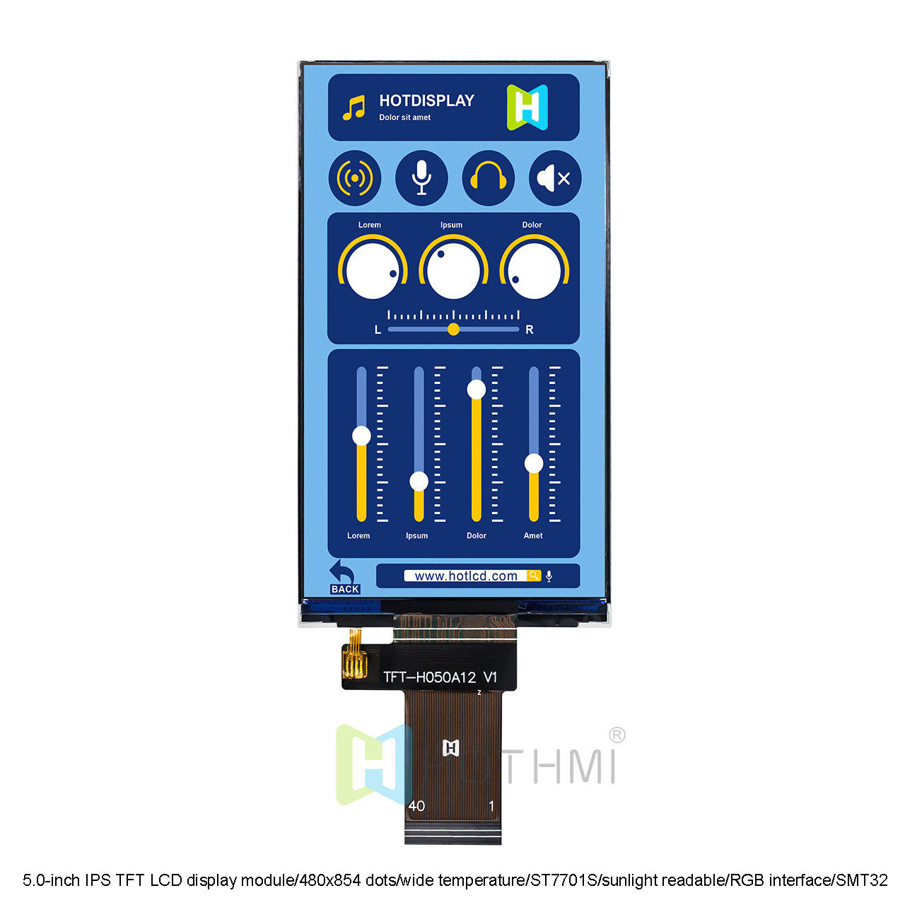 5.0-inch IPS TFT LCD display module/480x854 dots/wide temperature/ST7701S/sunlight readable/RGB interface/SMT32