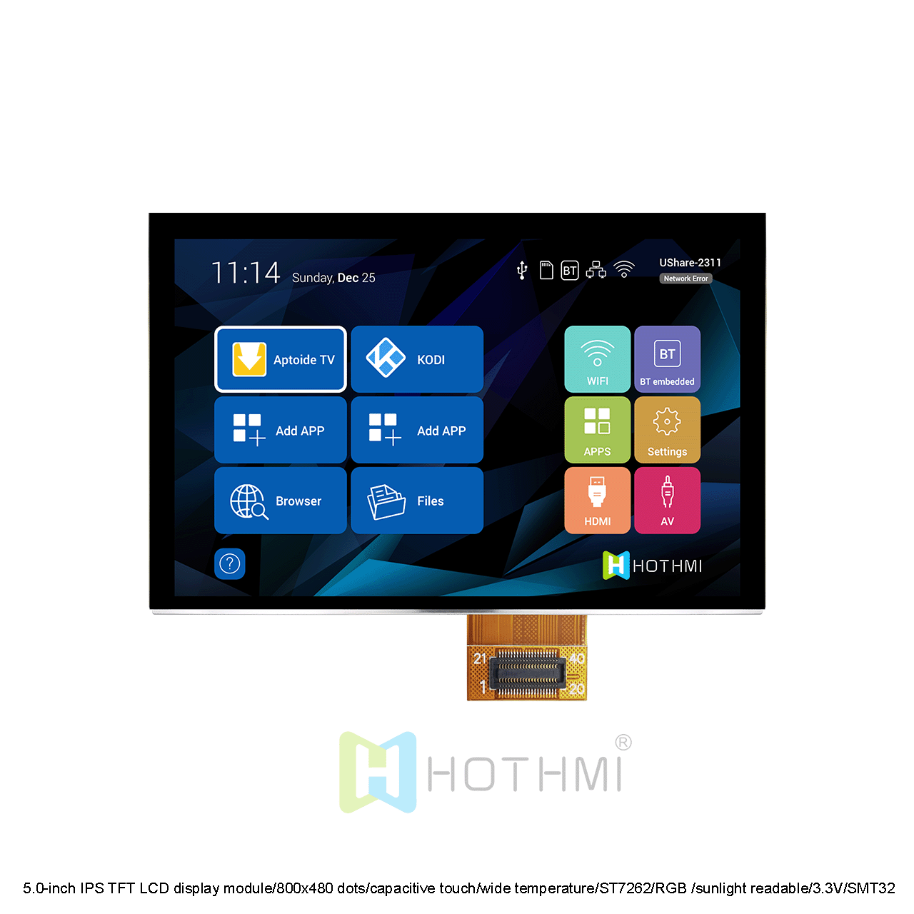 5.0-inch IPS TFT LCD display module/800x480 dots/capacitive touch display/wide temperature/ST7262/RGB interface/high brightness sunlight readable/3.3V/SMT32 compatible