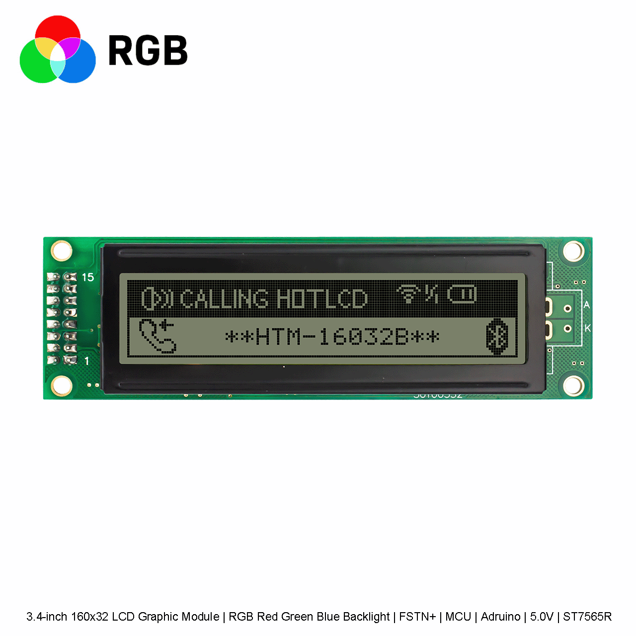 3.4-inch 160x32 LCD Graphic Module | RGB Red Green Blue Backlight | FSTN+ | MCU | Arduino | 5.0V | ST7565R