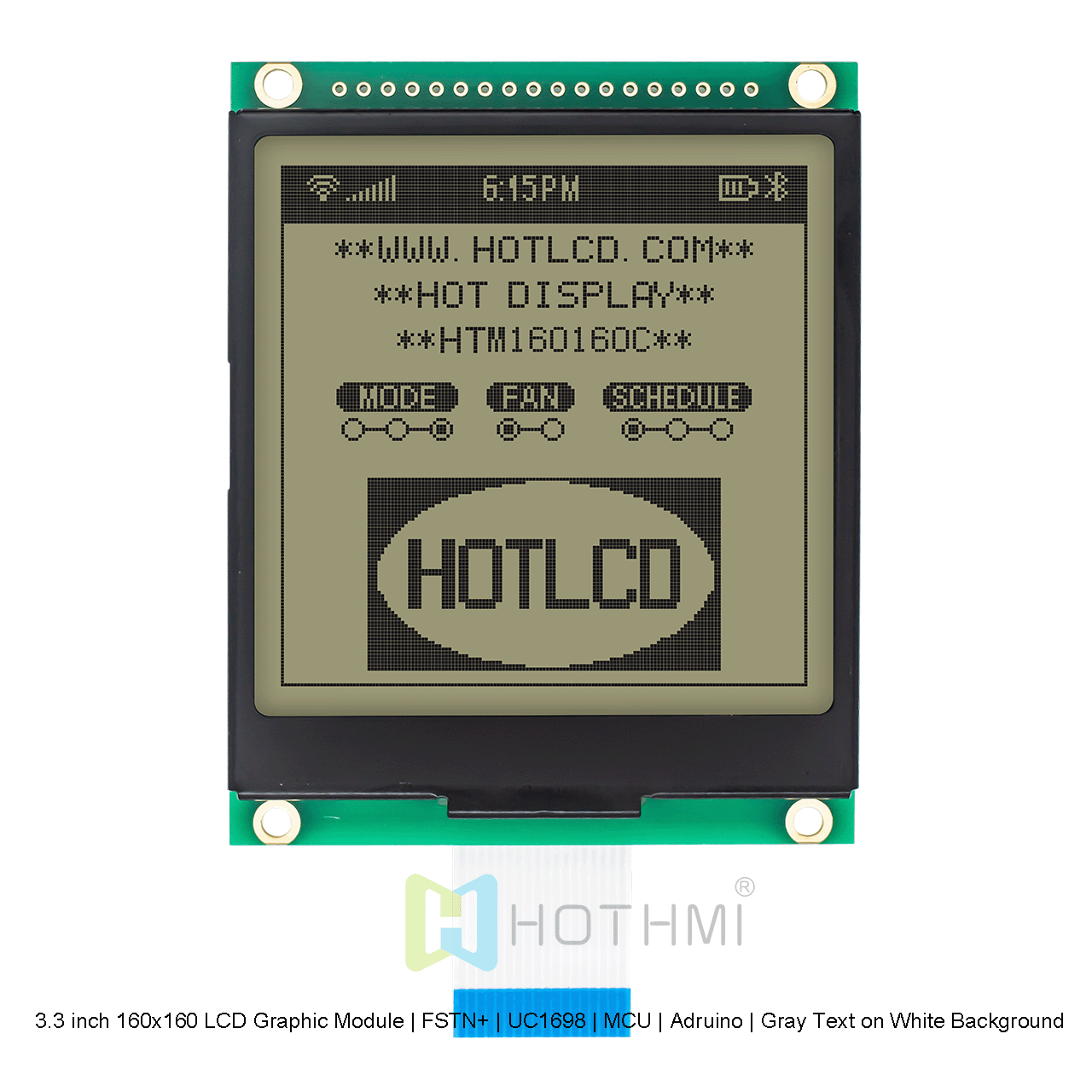 3.3 inch 160x160 LCD Graphic Module | FSTN+ | UC1698 | MCU | Arduino | Gray Text on White Background