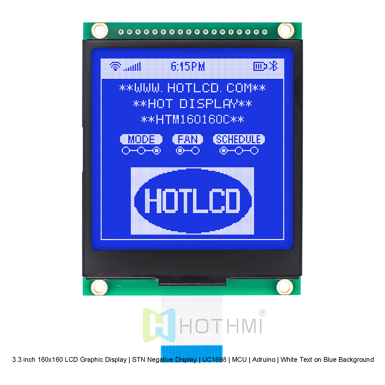 3.3 inch 160x160 LCD Graphic Display | STN Negative Display | UC1698 | MCU | Arduino | White Text on Blue Background