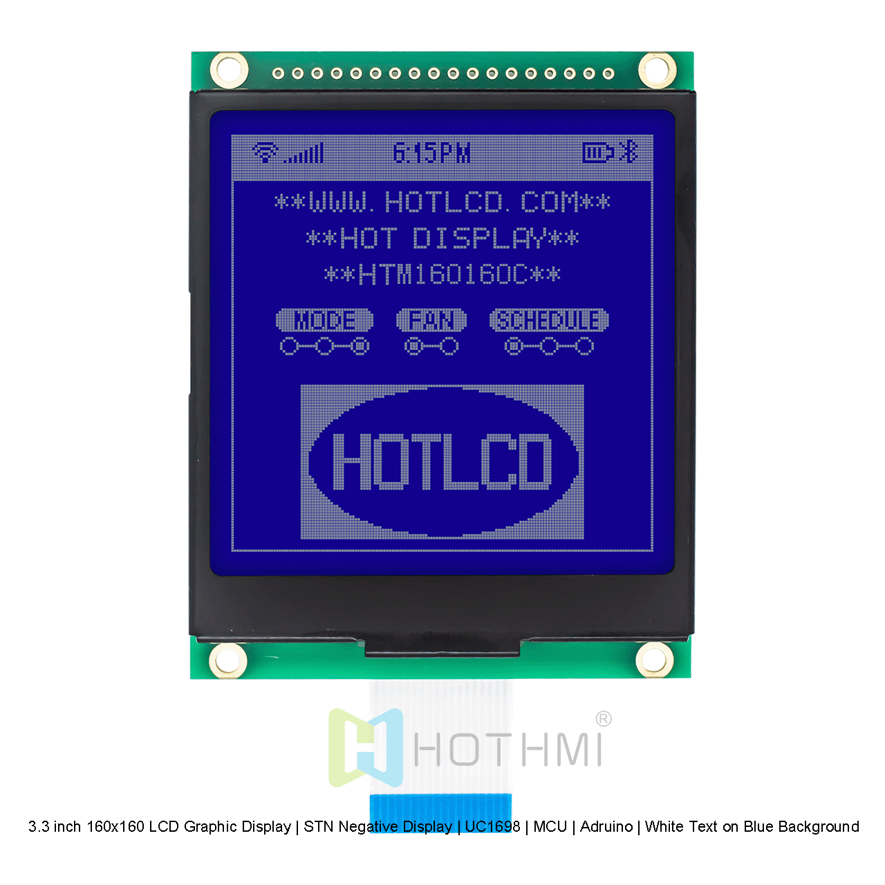 3.3 英寸 160x160 LCD 图形显示屏 | STN 负片显示屏 | UC1698 | MCU | Arduino | 蓝色背景配白色文字