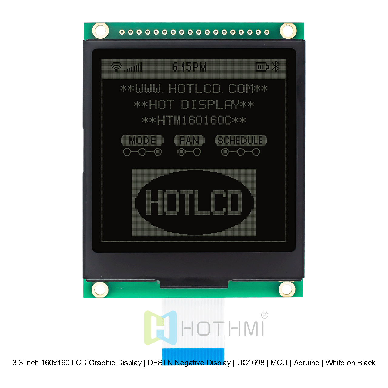 3.3 英寸 160x160 LCD 图形显示屏 | DFSTN 负片显示屏 | UC1698 | MCU | Arduino | 黑底白字