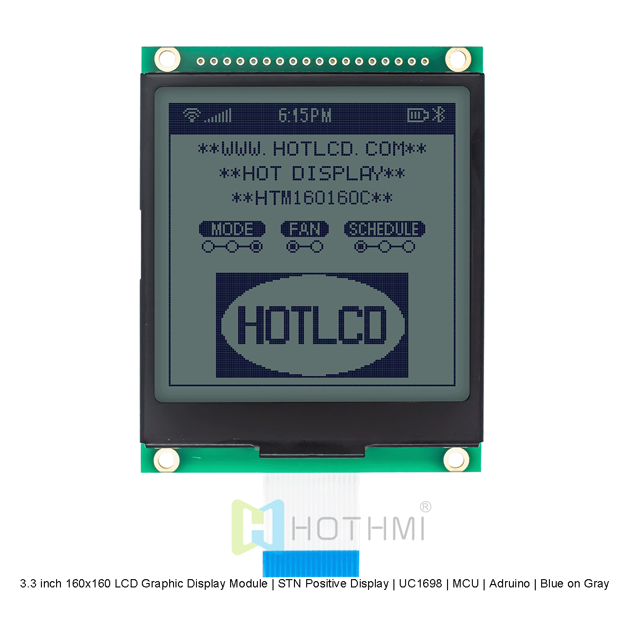 3.3 英寸 160x160 LCD 图形显示模块 | STN 正片显示屏 | UC1698 | MCU | Arduino | 灰底蓝字