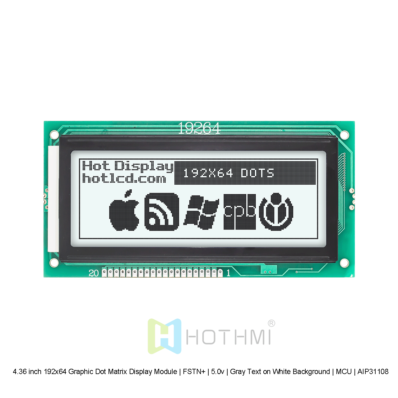 4.36 inch 192x64 Graphic Dot Matrix Display Module | FSTN+ | 5.0v | Gray Text on White Background | MCU | AIP31108 | Arduino