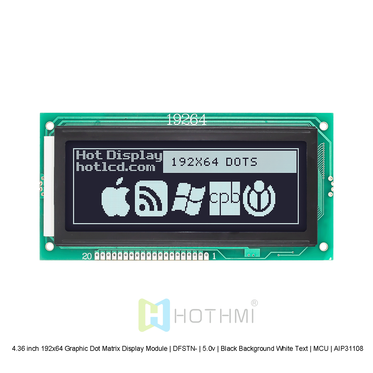 4.36 inch 192x64 Graphic Dot Matrix Display Module | DFSTN- | 5.0v | Black Background White Text | MCU | AIP31108