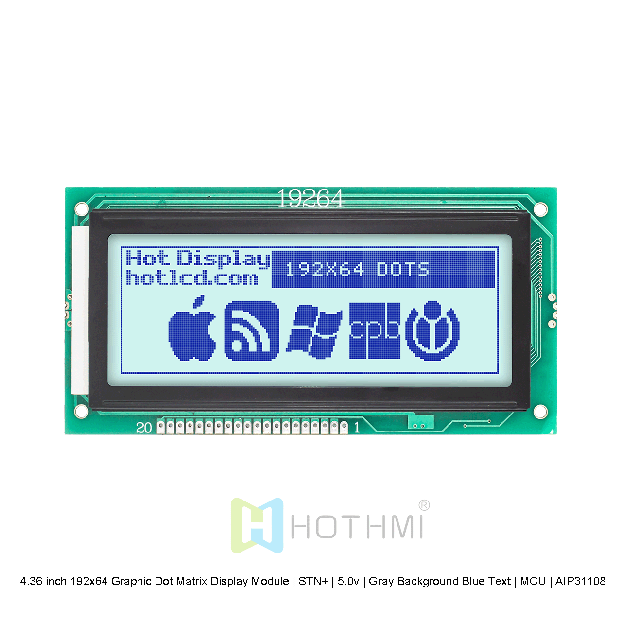 4.36寸192x64图形点阵显示模块 | STN+ | 5.0v | 灰底蓝字 | MCU | AIP31108 