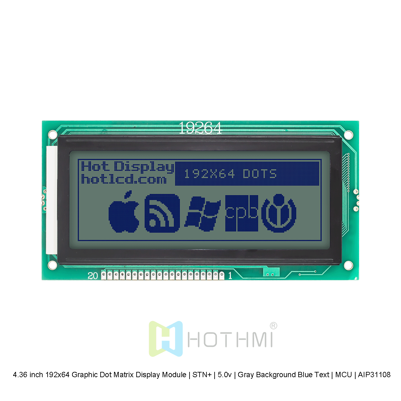 4.36 inch 192x64 Graphic Dot Matrix Display Module | STN+ | 5.0v | Gray Background Blue Text | MCU | AIP31108