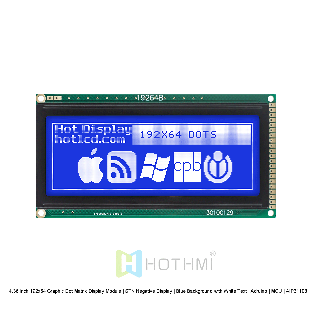 4.36寸192x64图形点阵显示模块 | STN负显 | 蓝底白字 | Arduino | MCU | AIP31108 