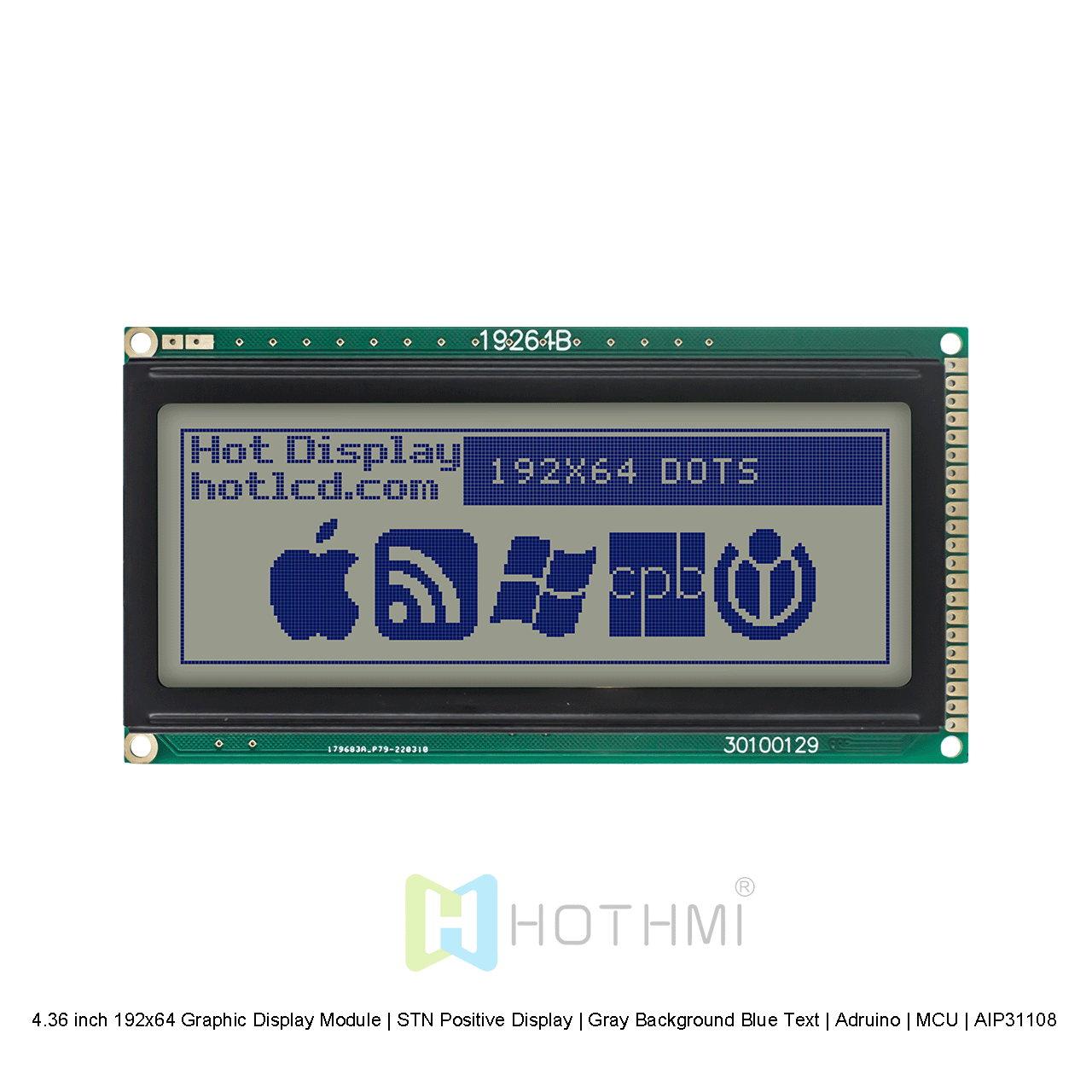 4.36寸192x64图形显示模组 | STN正显 |灰底蓝字 | Arduino | MCU | AIP31108 