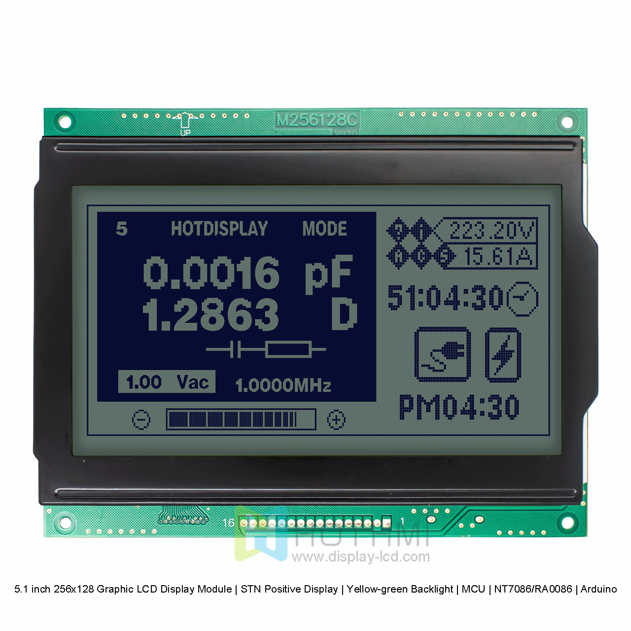 5.1寸256x128图形LCD显示模块  | STN正显 | 黄绿背光 | MCU | NT7086/RA0086 | Arduino