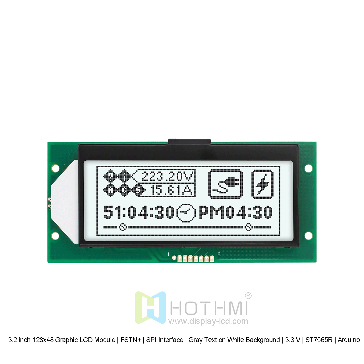 3.2寸128x48图形LCD液晶显示模组 | FSTN+|  SPI接口  | 白底灰字 | 3.3 V | ST7565R | Arduino 